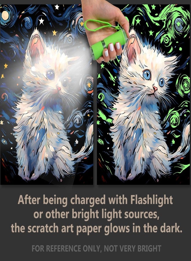 AP ARTSPER 2 Pack Night Glow Scratch Art Rainbow Painting Paper, Magic Glow-in-The-Dark Scraping, Van Gogh Style Creative Craft Set, Fun DIY Toy Sketch Card Scratchboard for Kids, Adults (Dog/Cat) - Image 4